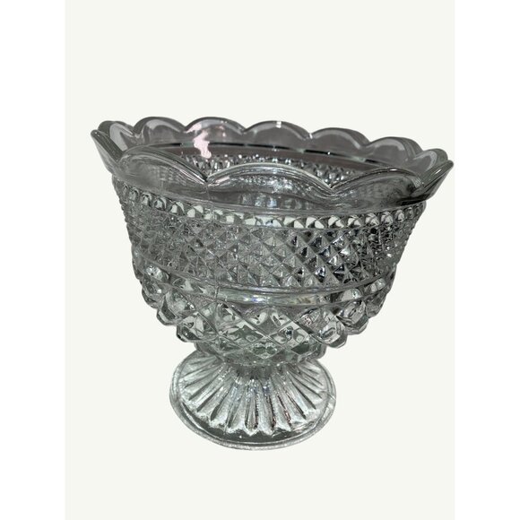Clear Cut Glass Pedestal Bowl 8" across 7" Tall, Scalloped Edge Vintage - Picture 5 of 14